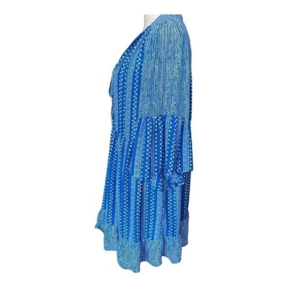 Sabina Musayev Dress Womens L Blue Geometric Boho Ruffle Bell Sleeve Mini - Picture 7 of 14